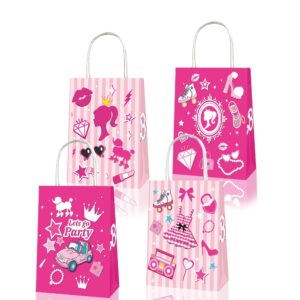 Aoerfes 12 Pieces Pink Girl Party Bags, Princess Gift Bags Candy Goodie Treat Hot Pink Party Favors Bags with Handles for Girls Princess Theme Party Decoration Birthday Supplies