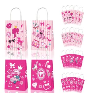 Aoerfes 12 Pieces Pink Girl Party Bags, Princess Gift Bags Candy Goodie Treat Hot Pink Party Favors Bags with Handles for Girls Princess Theme Party Decoration Birthday Supplies