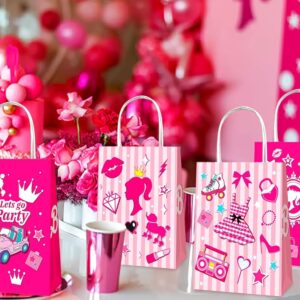 Aoerfes 12 Pieces Pink Girl Party Bags, Princess Gift Bags Candy Goodie Treat Hot Pink Party Favors Bags with Handles for Girls Princess Theme Party Decoration Birthday Supplies