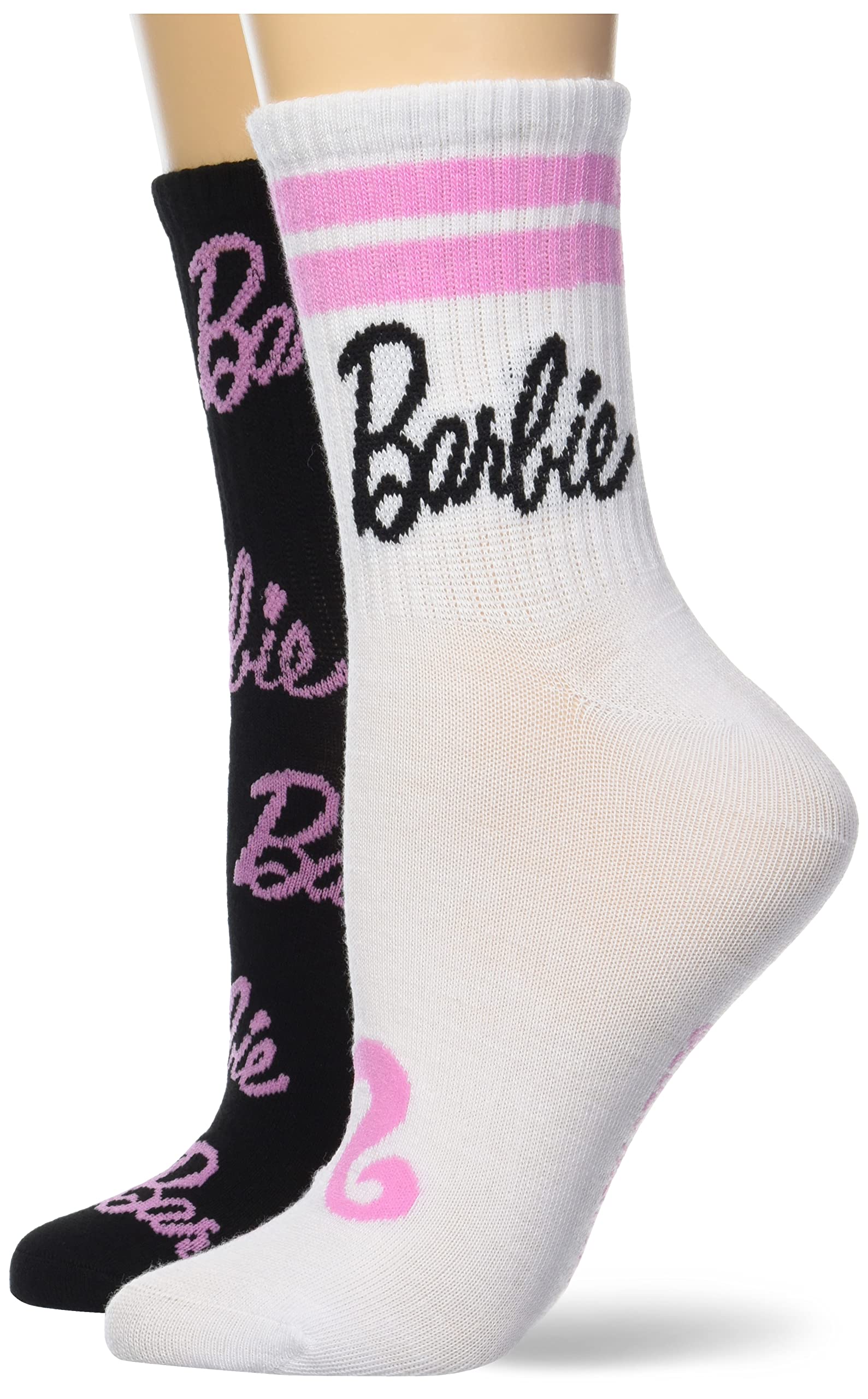 Barbie Womens 2 Pack Mid Crew Casual Sock, White Black Multi, 9-11 US