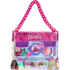 barbie - townley girl- 11 pcs makeup filled sling chain bag with peel- off nail polish, eyeshadow, hair accessories, body glitter & more| makeup kit for kids & girls| ages 3, bb0137gb