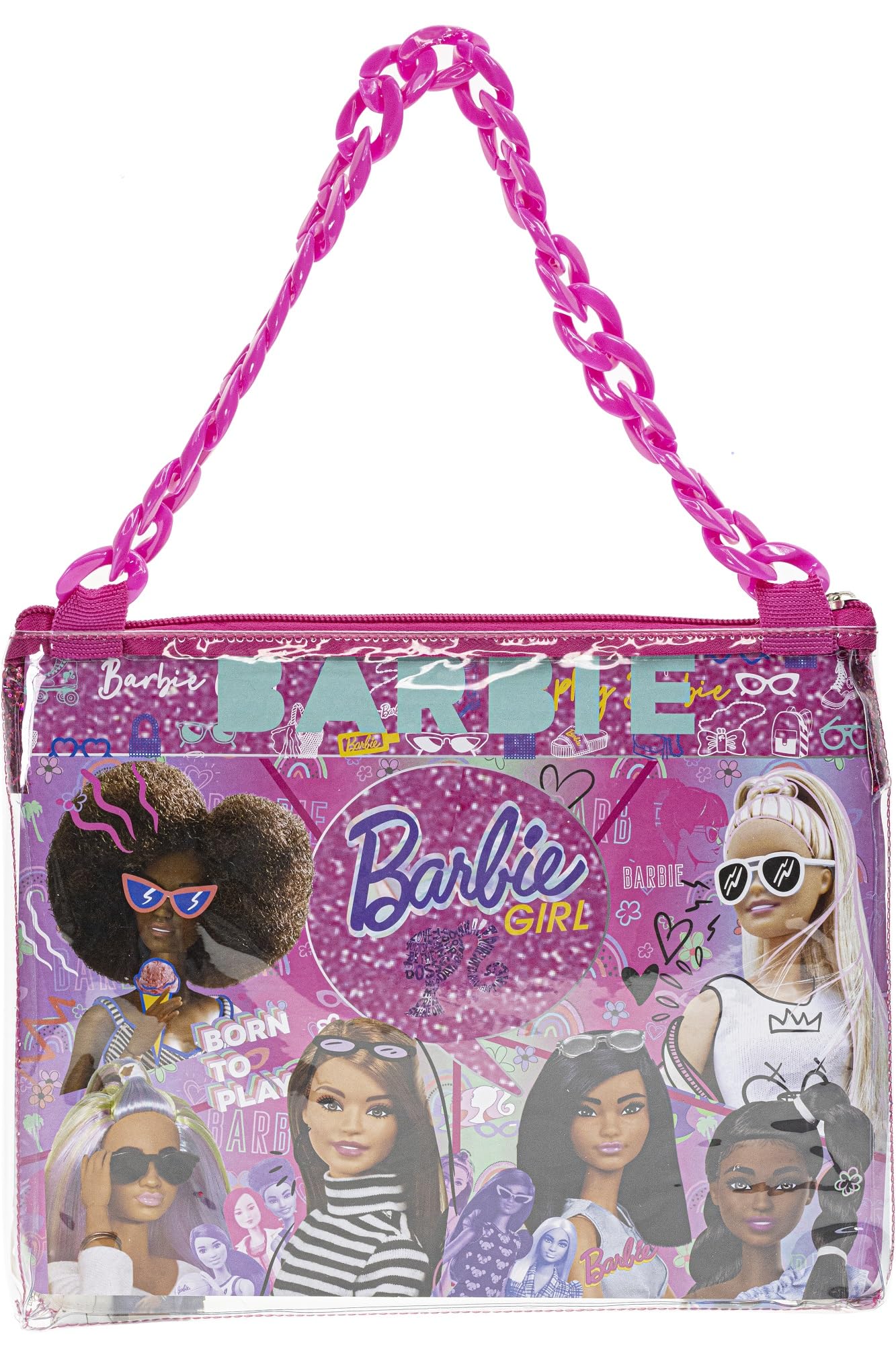 Barbie - Townley Girl- 11 Pcs Makeup Filled Sling Chain Bag with Peel- Off Nail Polish, Eyeshadow, Hair Accessories, Body Glitter & More| Makeup Kit for Kids & Girls| Ages 3, BB0137GB