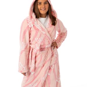 Barbie Womens Hooded Bathrobe | Ladies Pink All over Print Dressing Gown | Fashion Wave Print Fleece Loungewear Bathrobe