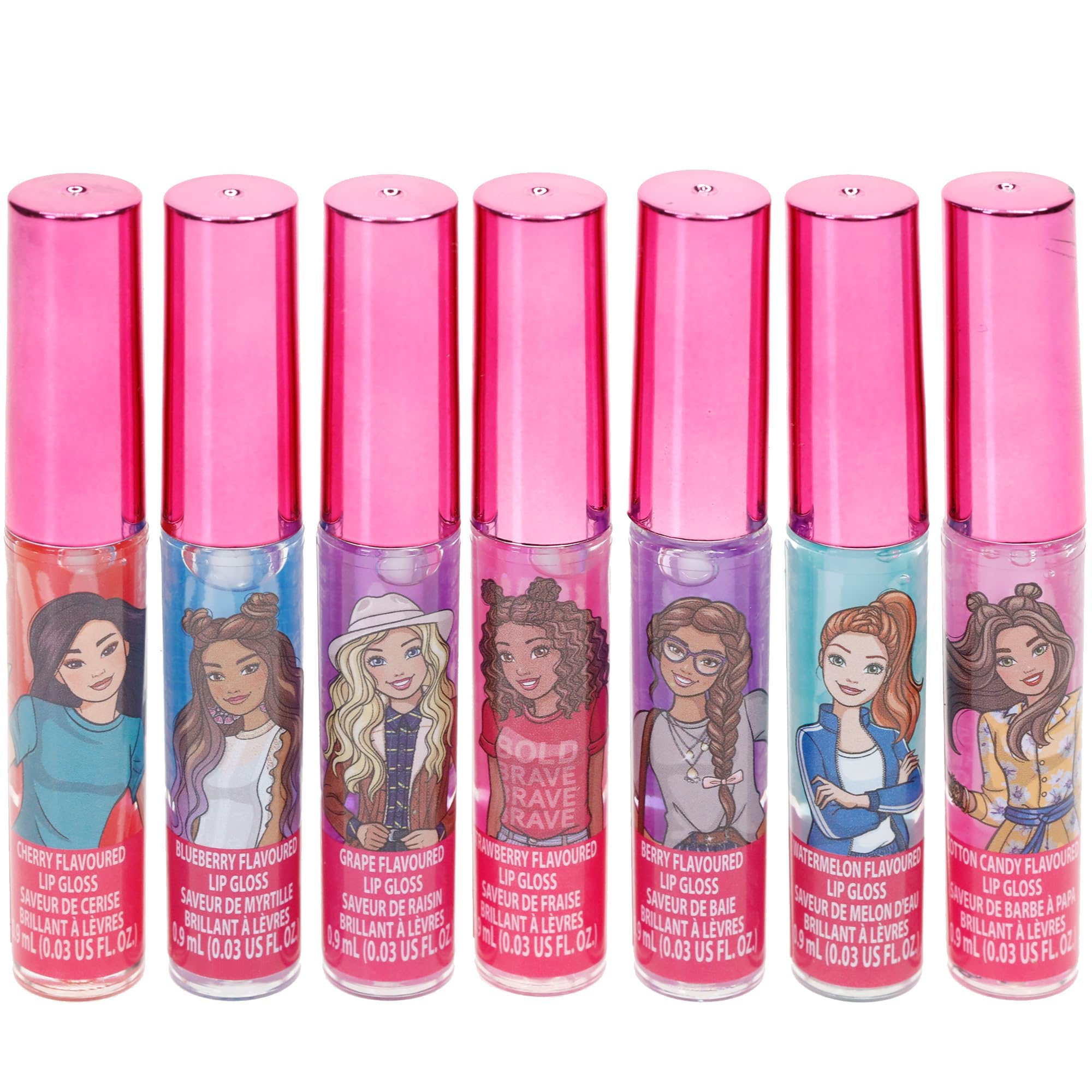 Townley Girl Barbie 7 pcs Kids Lip Gloss Set | Vegan Girls Makeup for Ages 3