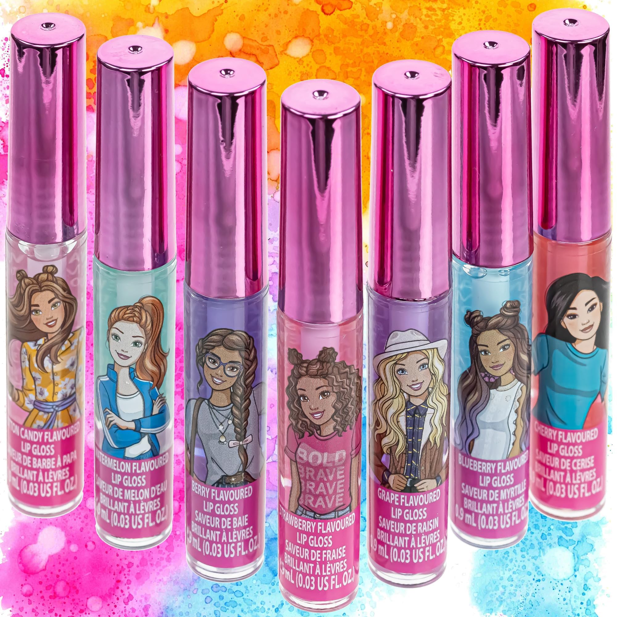 Townley Girl Barbie 7 pcs Kids Lip Gloss Set | Vegan Girls Makeup for Ages 3