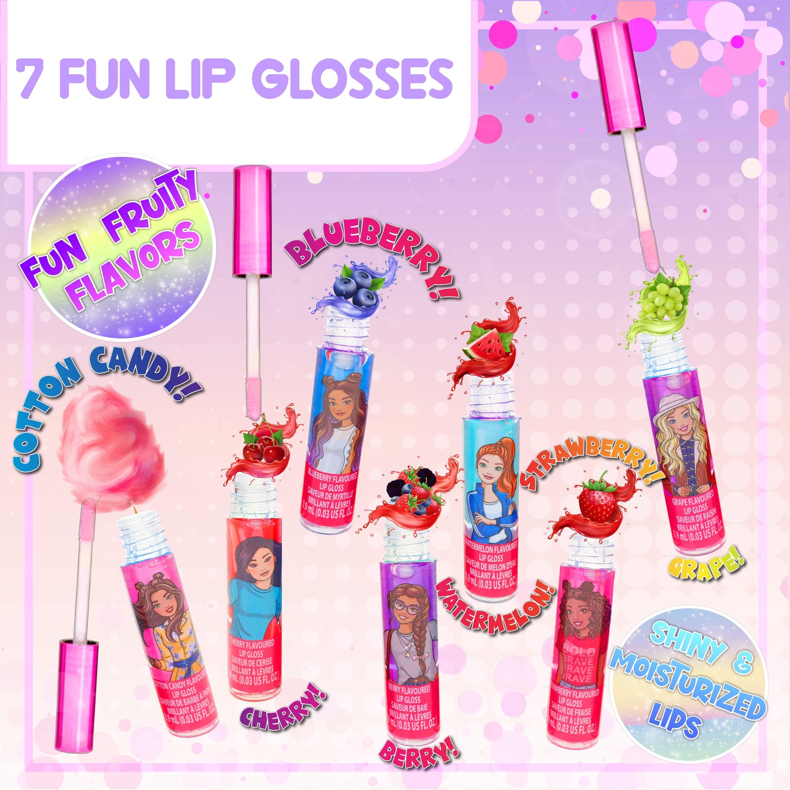 Townley Girl Barbie 7 pcs Kids Lip Gloss Set | Vegan Girls Makeup for Ages 3
