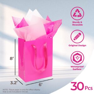 UnicoPak 30 Pcs Hot Pink Gift Bags Small Size 6x3.2x8 Inch, Glossy Finish Surface Paper Gift Bags with Handles, Small Goodie Bags Party Favor Bags Candy Bags for Barbie Themed Birthday, Party,