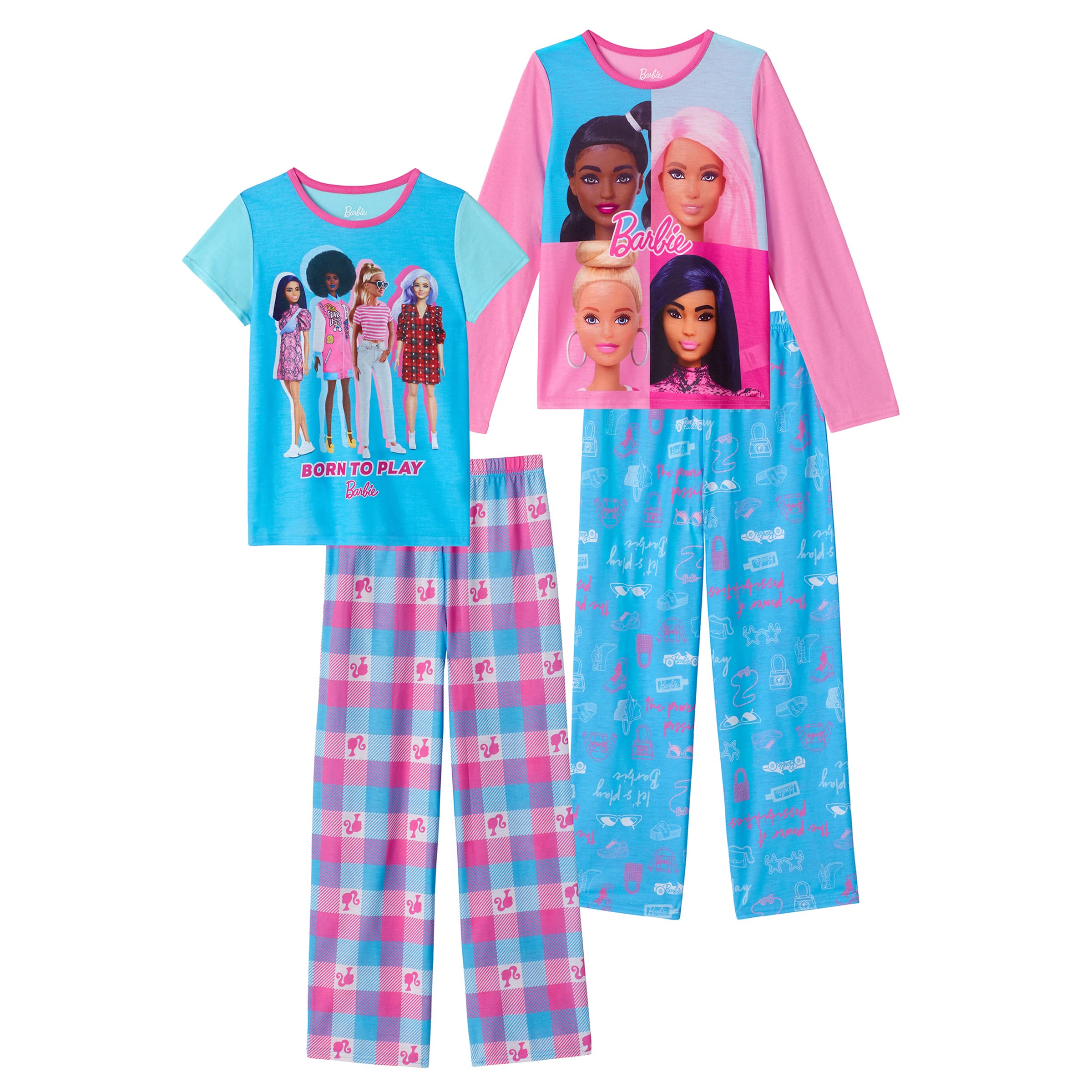 Barbie Girls Pajama Pants and Sleep Shirt Sets for Kids 4 Piece Sleepwear Set for Girls (as1, numeric, numeric_4, regular, Light Blue-Light Pink)