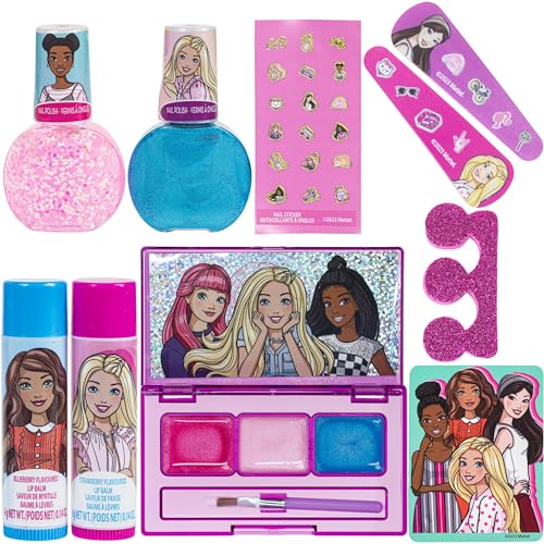 Barbie - Townley Girl Makeup Filled Backpack Set with 12 Pieces, Including Lip Balm, Nail Polish, Nail File, Hair Bows, and Other Accessories, Ages 3+ for Parties, Sleepovers and Makeovers