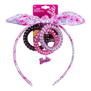 luv her barbie headbands for girls| 4pc barbie toddler headband and hair ties| knotted headband fully covered by soft barbie designed fabric cute hair accessories ages 3+