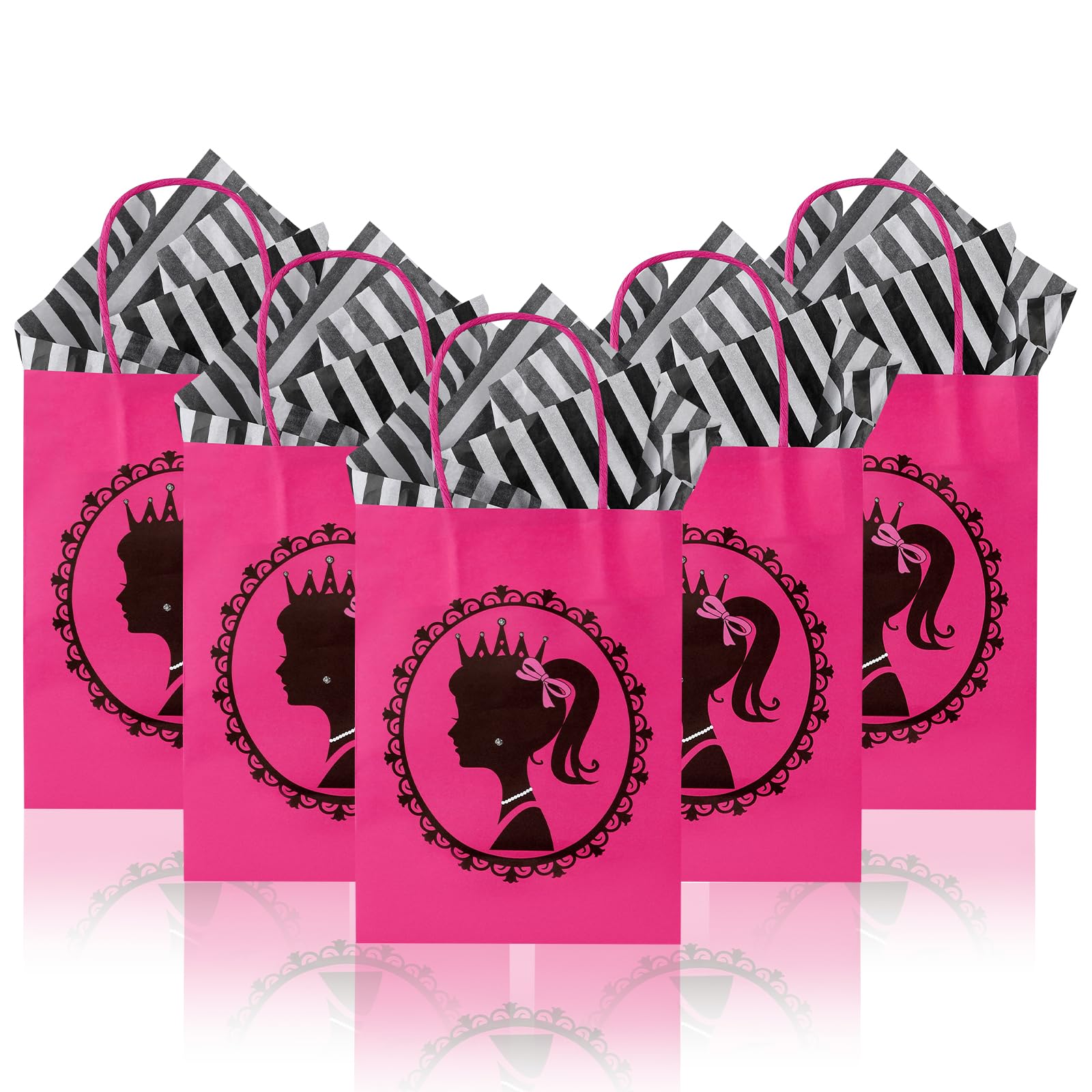 XUWAIDSGN Hot Pink Girls Party Favor Gift Bags with Stripe Tissue Paper Princess Paper Goodie Bags with Handles Cute Treat Bags for Birthday Theme Party Girls Party (24)