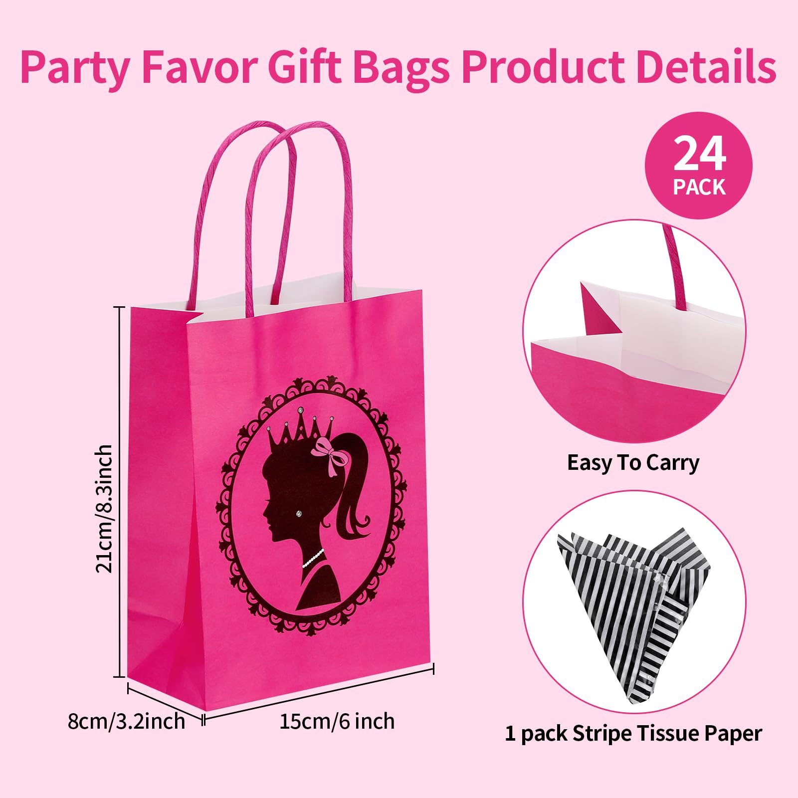 XUWAIDSGN Hot Pink Girls Party Favor Gift Bags with Stripe Tissue Paper Princess Paper Goodie Bags with Handles Cute Treat Bags for Birthday Theme Party Girls Party (24)