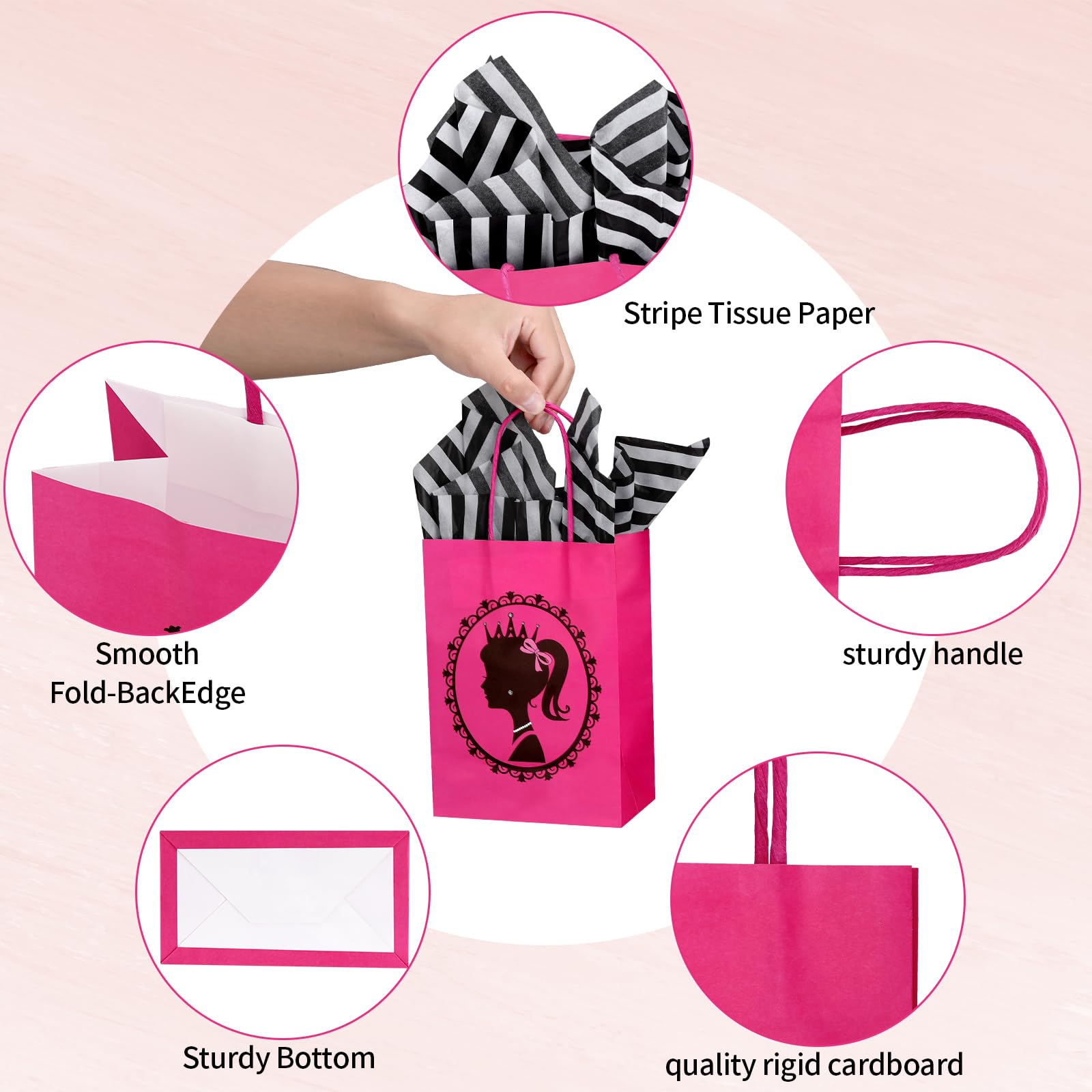 XUWAIDSGN Hot Pink Girls Party Favor Gift Bags with Stripe Tissue Paper Princess Paper Goodie Bags with Handles Cute Treat Bags for Birthday Theme Party Girls Party (24)