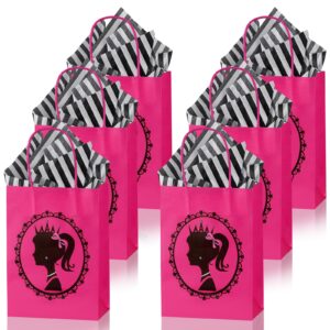 xuwaidsgn hot pink girls party favor gift bags with stripe tissue paper princess paper goodie bags with handles cute treat bags for birthday theme party girls party (12)