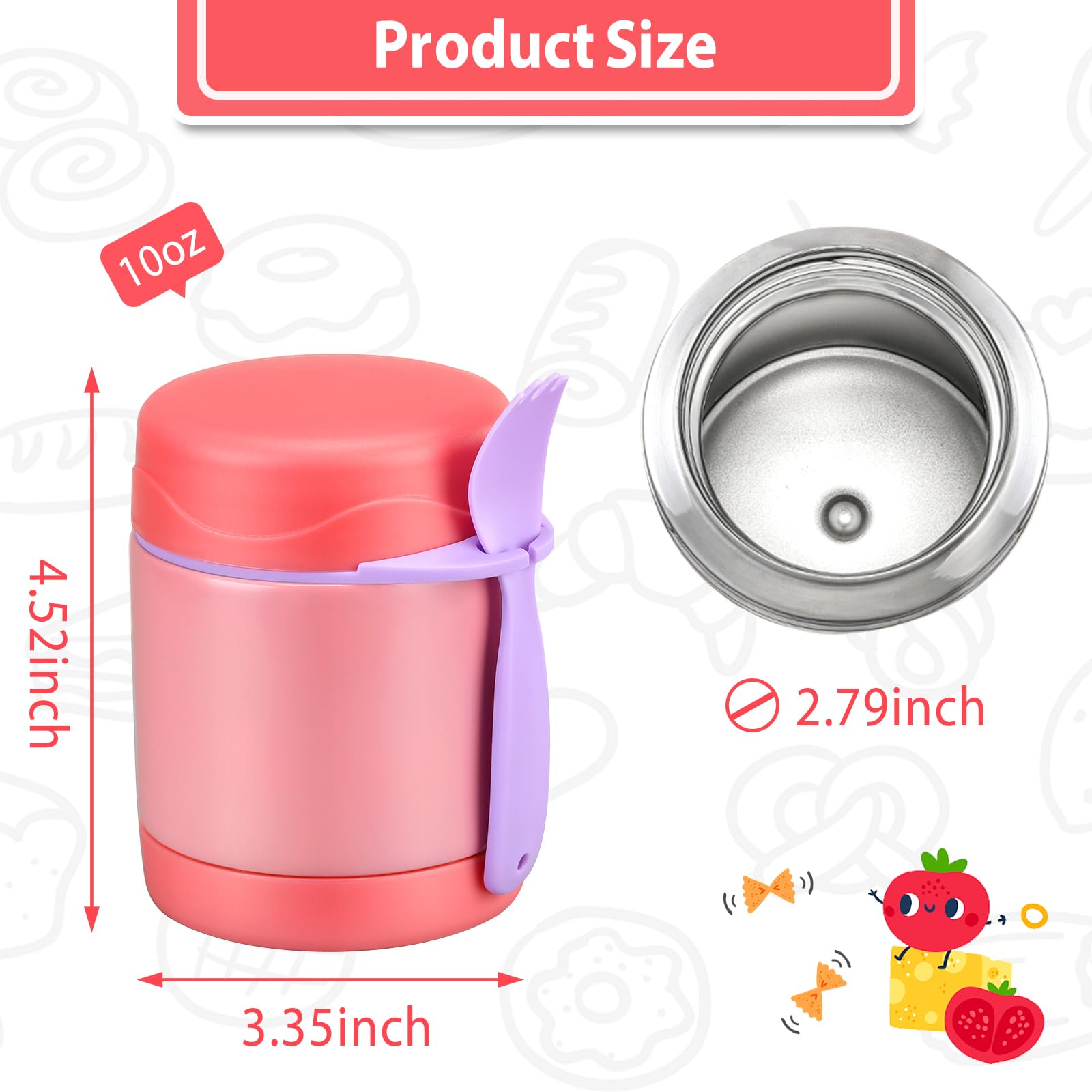 10oz Soup Thermo for Hot Food Kids,Lunch Thermo Kids Food Jar with Spoon Hot Insulated Food Containers,Leak Proof Stainless Steel Wide Mouth Lunch Food Thermo Jar for School(Pink)