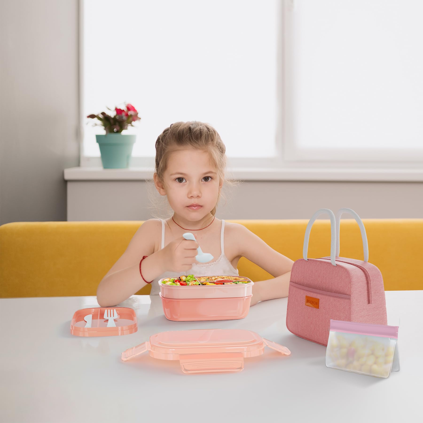 JBGOYON® Bento Lunch Box Set - 3 Stackable Containers for Adults and Kids- Includes Lunch Bag, Leak-Proof and BPA-Free - Built-in Utensil Set and Snack Bag - Dishwasher Safe (Pink)