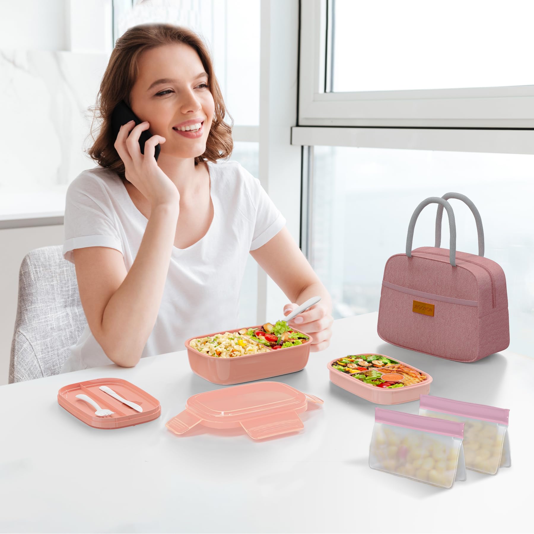 JBGOYON® Bento Lunch Box Set - 3 Stackable Containers for Adults and Kids- Includes Lunch Bag, Leak-Proof and BPA-Free - Built-in Utensil Set and Snack Bag - Dishwasher Safe (Pink)