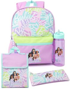 barbie girls 4 piece backpack set | kids multicolor rucksack bundle with school bag, pencil case, lunch bag & water bottle