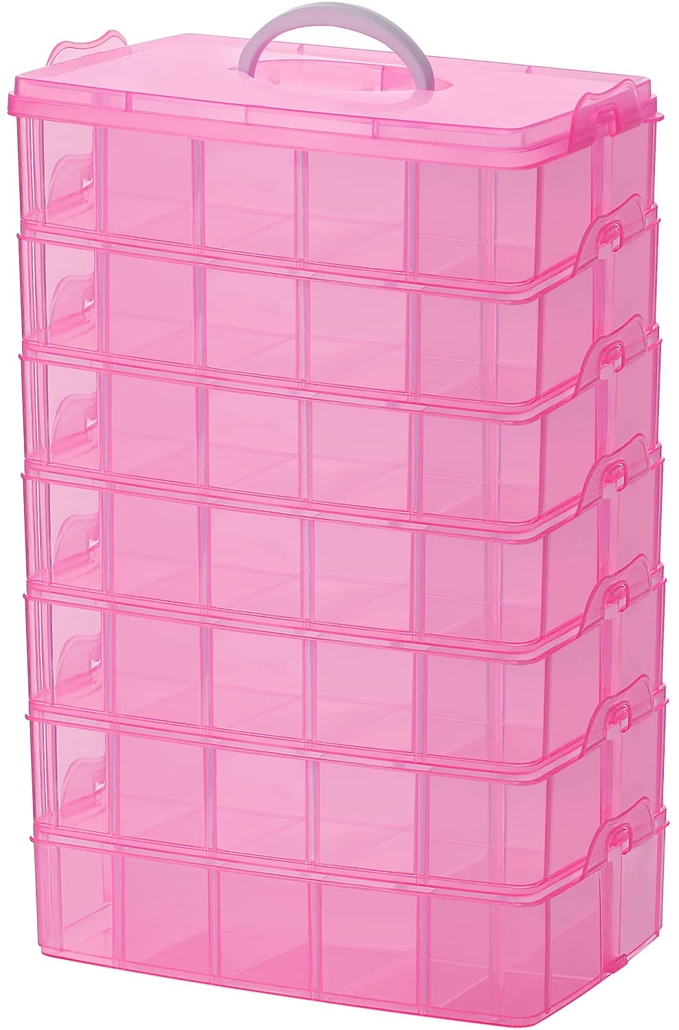 Sooyee 7 Layers Stackable Storage Container, 70 Adjustable Compartments Stackable Storage Container for Kids Toys, Art Crafts, Jewelry, Supplies, Mini Case & Letter Sticker Included,Pink