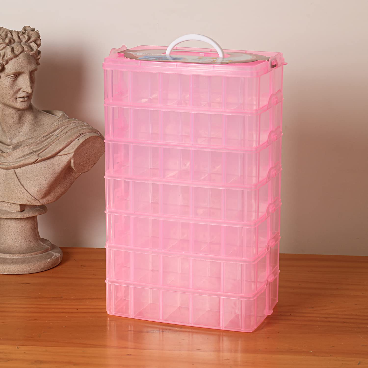 Sooyee 7 Layers Stackable Storage Container, 70 Adjustable Compartments Stackable Storage Container for Kids Toys, Art Crafts, Jewelry, Supplies, Mini Case & Letter Sticker Included,Pink