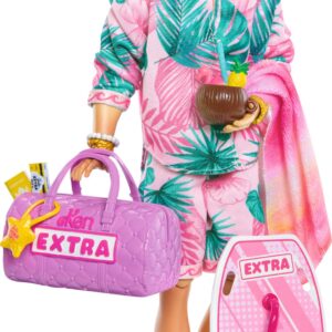 Barbie Extra Fly Ken Doll with Beach-Themed Travel Clothes & Accessories, Tropical Outfit with Boogie Board & Duffel Bag