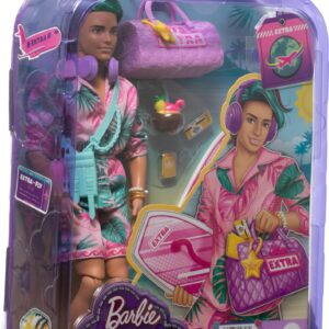 Barbie Extra Fly Ken Doll with Beach-Themed Travel Clothes & Accessories, Tropical Outfit with Boogie Board & Duffel Bag