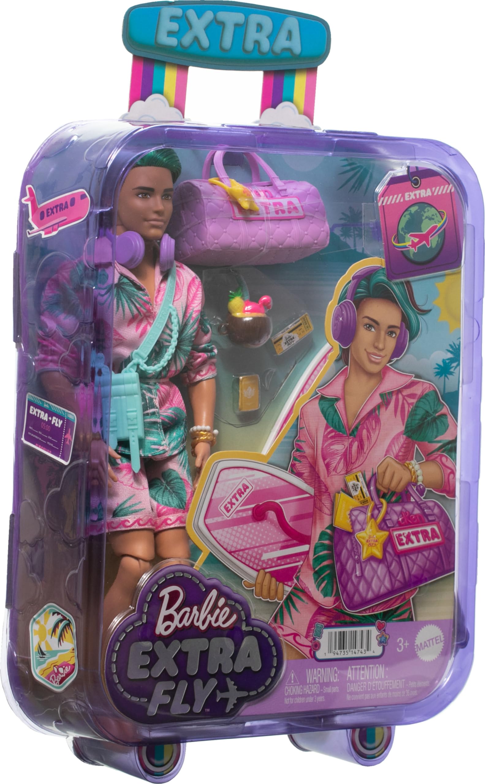 Barbie Extra Fly Ken Doll with Beach-Themed Travel Clothes & Accessories, Tropical Outfit with Boogie Board & Duffel Bag