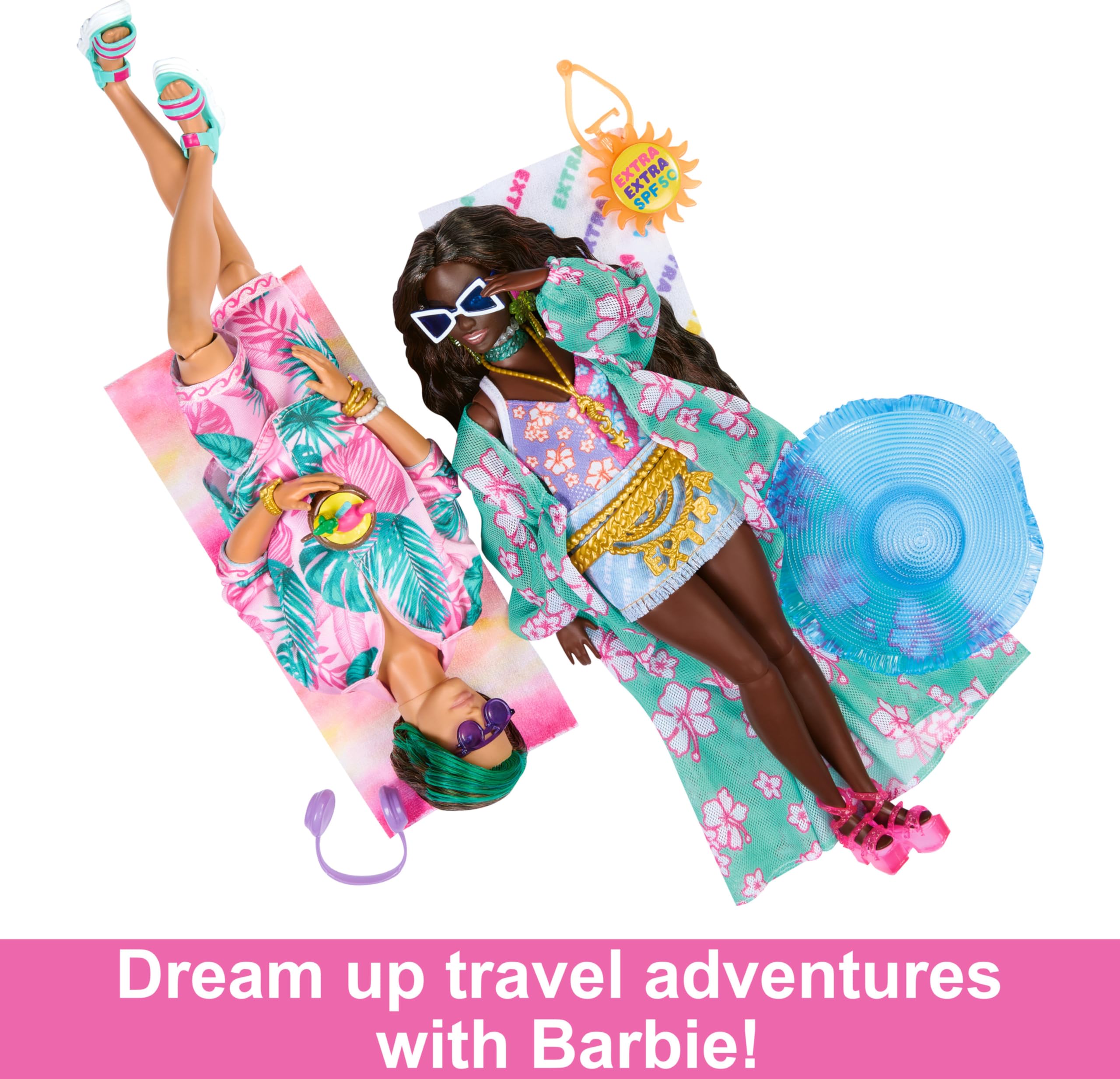 Barbie Extra Fly Ken Doll with Beach-Themed Travel Clothes & Accessories, Tropical Outfit with Boogie Board & Duffel Bag