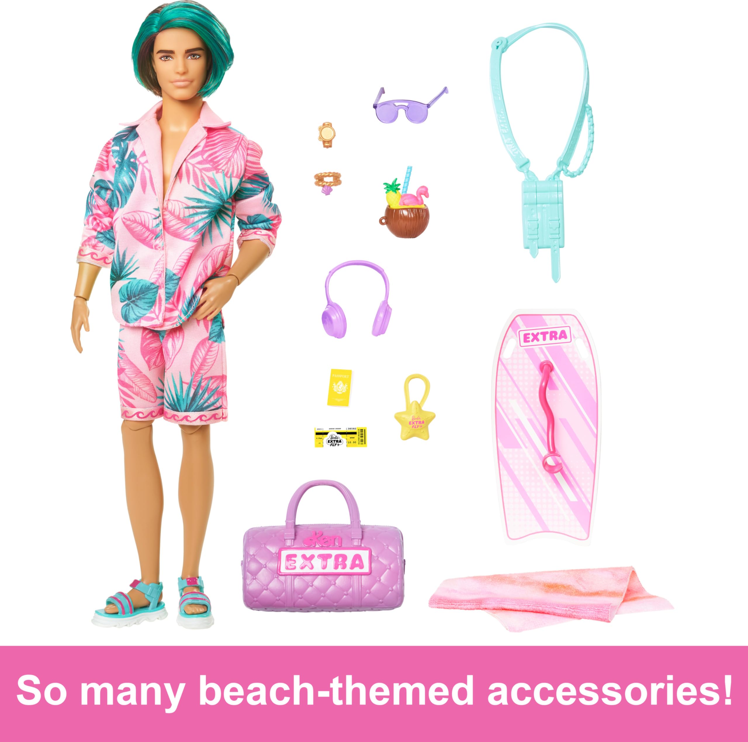 Barbie Extra Fly Ken Doll with Beach-Themed Travel Clothes & Accessories, Tropical Outfit with Boogie Board & Duffel Bag