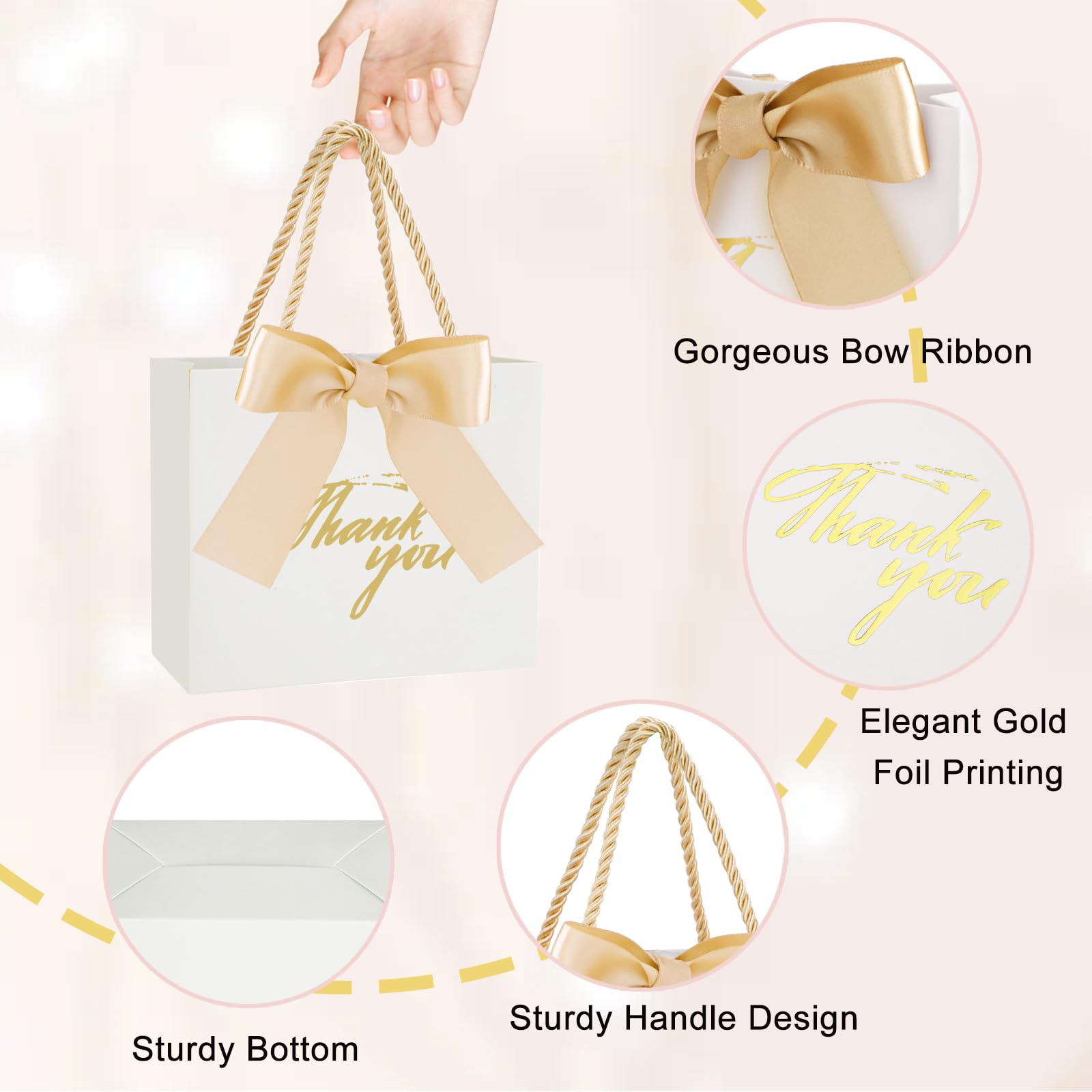 SHAIDOJIO 30Pack Small Thank You Gift Bags with Handle, Mini White Gift Bags Candy Bags Bulk with Bow Ribbon, Party Favor Bag for Wedding, Birthday, Bridal Shower, Baby Shower (5.5x2.5x4.7 Inch)