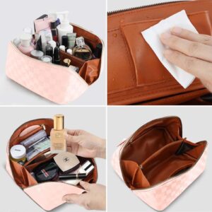 ANFAFUN Travel Makeup Bag - Large Capacity Handing Cosmetic Bag, PU Leather Waterproof & Divider Flat Lay Make Up Bag Organizer with Makeup Mirror‘s Toiletry Bags for Women (makeup bag-pink)