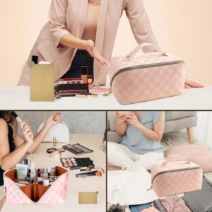 ANFAFUN Travel Makeup Bag - Large Capacity Handing Cosmetic Bag, PU Leather Waterproof & Divider Flat Lay Make Up Bag Organizer with Makeup Mirror‘s Toiletry Bags for Women (makeup bag-pink)