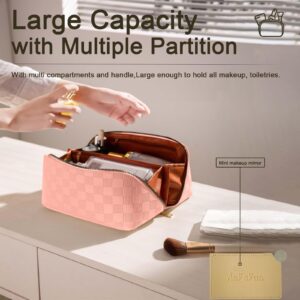 ANFAFUN Travel Makeup Bag - Large Capacity Handing Cosmetic Bag, PU Leather Waterproof & Divider Flat Lay Make Up Bag Organizer with Makeup Mirror‘s Toiletry Bags for Women (makeup bag-pink)