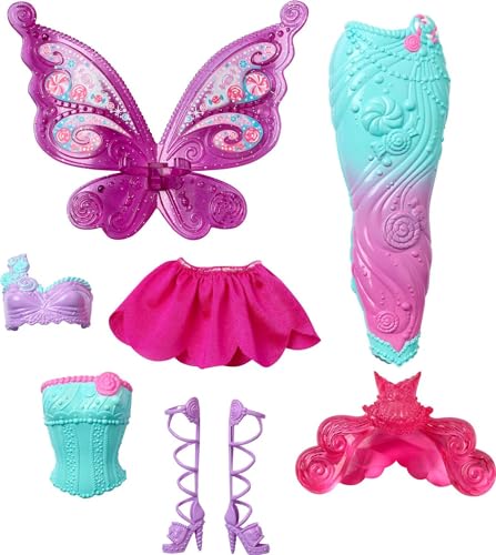 Barbie Doll Fantasy Dress-Up Set with Blonde Fashion Doll, Candy-Inspired Clothes & Accessories like Fairy Wings & Mermaid Tail