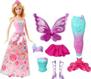 barbie doll fantasy dress-up set with blonde fashion doll, candy-inspired clothes & accessories like fairy wings & mermaid tail