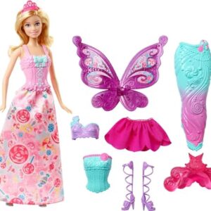 Barbie Doll Fantasy Dress-Up Set with Blonde Fashion Doll, Candy-Inspired Clothes & Accessories like Fairy Wings & Mermaid Tail