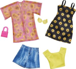 barbie fashions 2-pack clothing set, 2 outfits doll include shirt, shorts & kimono, sleeveless sunflower dress & 2 accessories