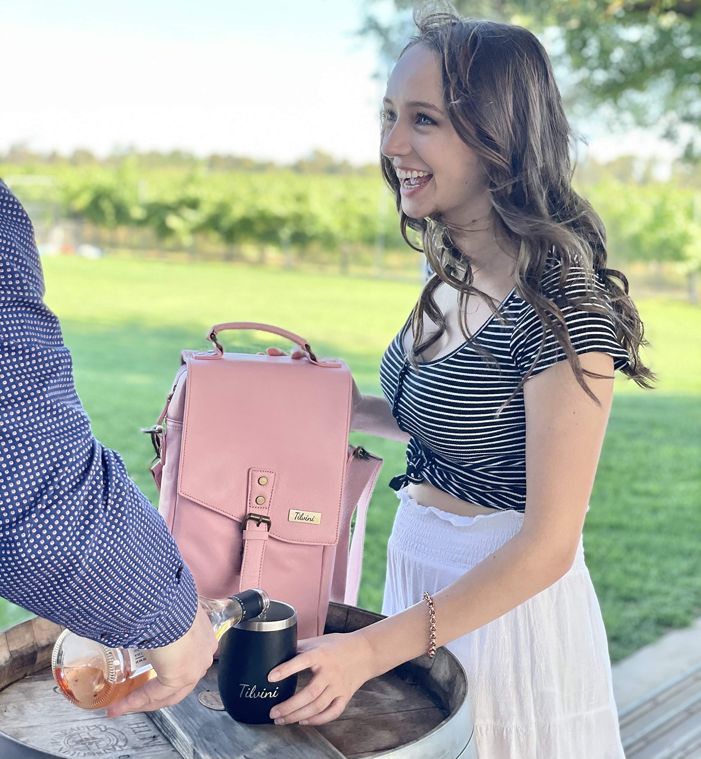 Tilvini Insulated Genuine Leather Wine Tote Bag With 2 Wine Tumblers. Wine Cooler Bag 2 Bottle Wine Carrier Set. Barbie Pink Bag. Wine Purse For Women. Mom Birthday Gift Bachelorette Party Wife Picnic