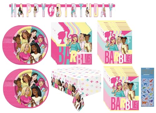 Barbie Birthday Party Supplies Bundle includes 16 Lunch Plates, 16 Napkins, 1 Table Cover, 1 Banner, 16 Loot Bags, 1 Dinosaur Sticker Sheet