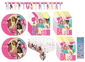 barbie birthday party supplies bundle includes 16 lunch plates, 16 napkins, 1 table cover, 1 banner, 16 loot bags, 1 dinosaur sticker sheet