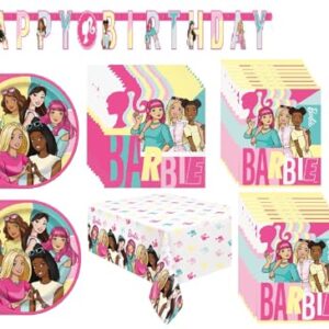 Barbie Birthday Party Supplies Bundle includes 16 Lunch Plates, 16 Napkins, 1 Table Cover, 1 Banner, 16 Loot Bags, 1 Dinosaur Sticker Sheet