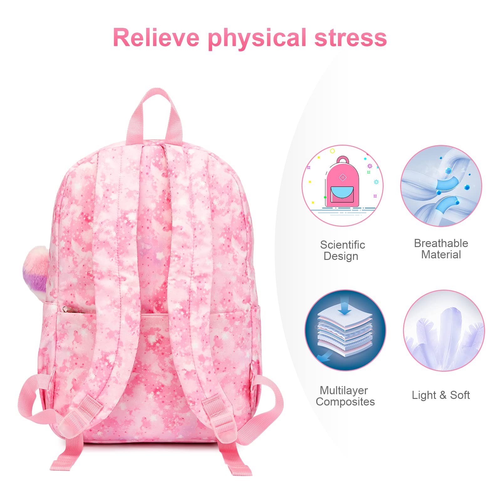 Caran·Y Girls Backpack for Kid in Waterproof Elementary Large space Love decoration Starry Pattern School Bookbag Boys Girls Fit Over 6 Years Old Girls Book Bag（Pink）