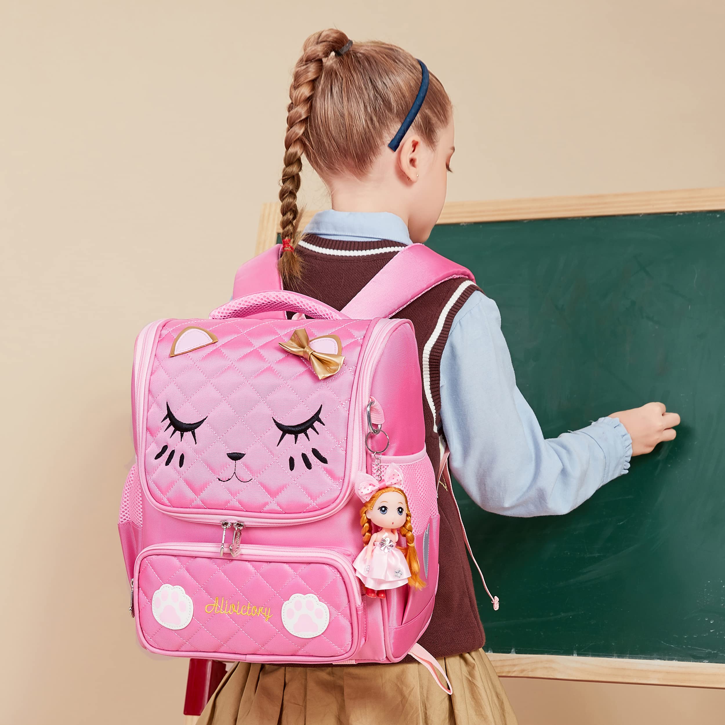 AO ALI VICTORY Girls Backpacks, Waterproof Cute Backpack for Kids Toddler Girl Preschool Bookbags Elementary School Bags (Large, A-Pink)