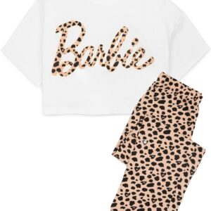 Barbie Pyjamas Womens Animal Print Logo Cropped T-Shirt Bottoms Pjs White