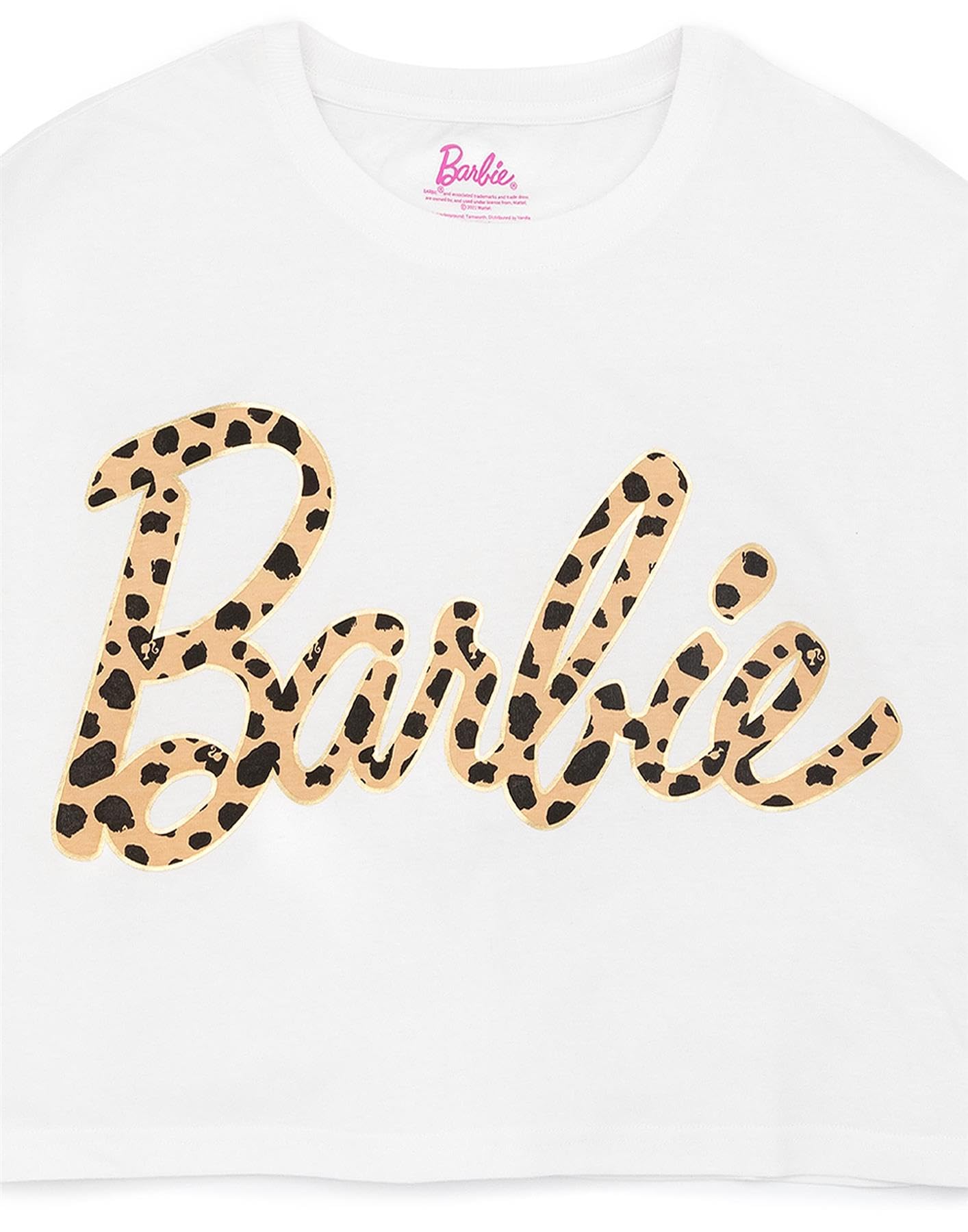 Barbie Pyjamas Womens Animal Print Logo Cropped T-Shirt Bottoms Pjs White