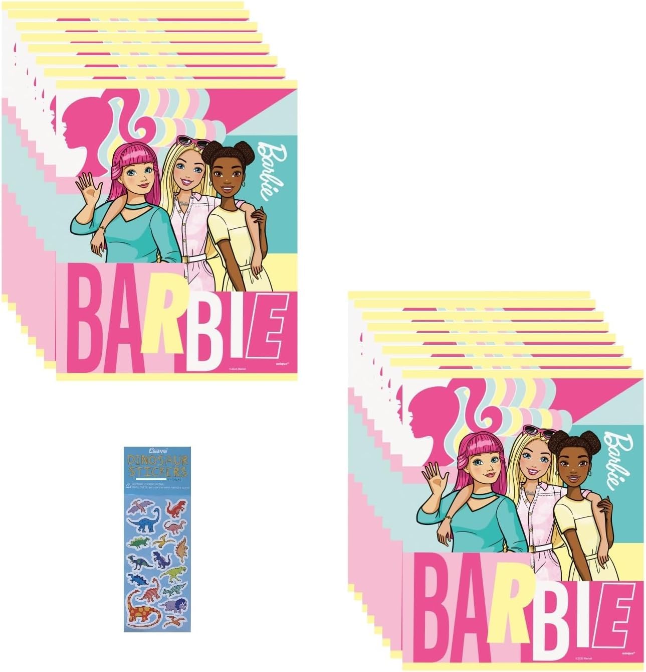 Barbie Birthday Party Supplies Bundle Pack includes 16 Plastic Favor Loot Bags and 1 Dinosaur Sticker Sheet