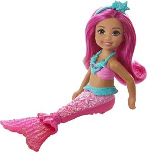 barbie dreamtopia chelsea mermaid doll with pink hair & tail, royal headband accessory, small doll bends at waist