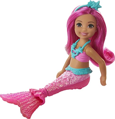 Barbie Dreamtopia Chelsea Mermaid Doll with Pink Hair & Tail, Royal Headband Accessory, Small Doll Bends at Waist