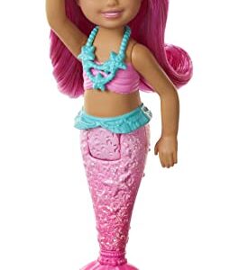 Barbie Dreamtopia Chelsea Mermaid Doll with Pink Hair & Tail, Royal Headband Accessory, Small Doll Bends at Waist