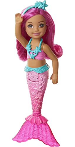 Barbie Dreamtopia Chelsea Mermaid Doll with Pink Hair & Tail, Royal Headband Accessory, Small Doll Bends at Waist